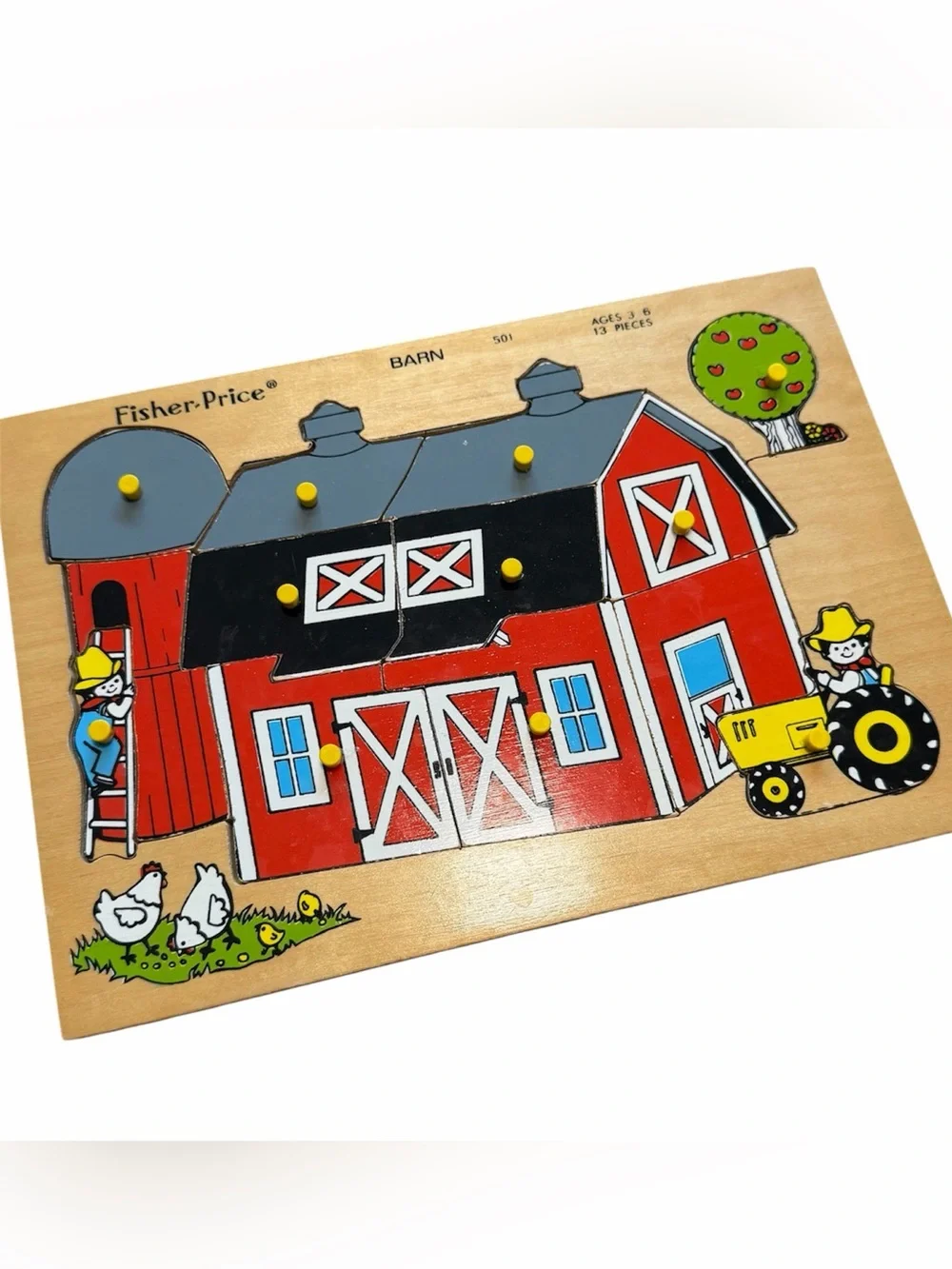 Vintage Fisher-Price #501 Barn Wooden Puzzle 13 Pc Complete 1970s